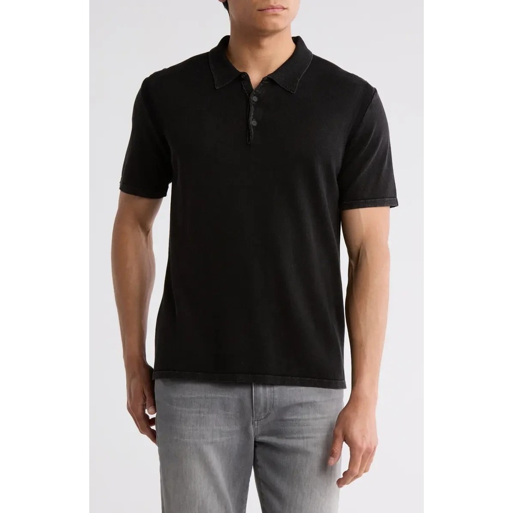 $98 John Varvatos Bodhi Marble Wash Polo Shirt Mens Medium Black Johnny Collar